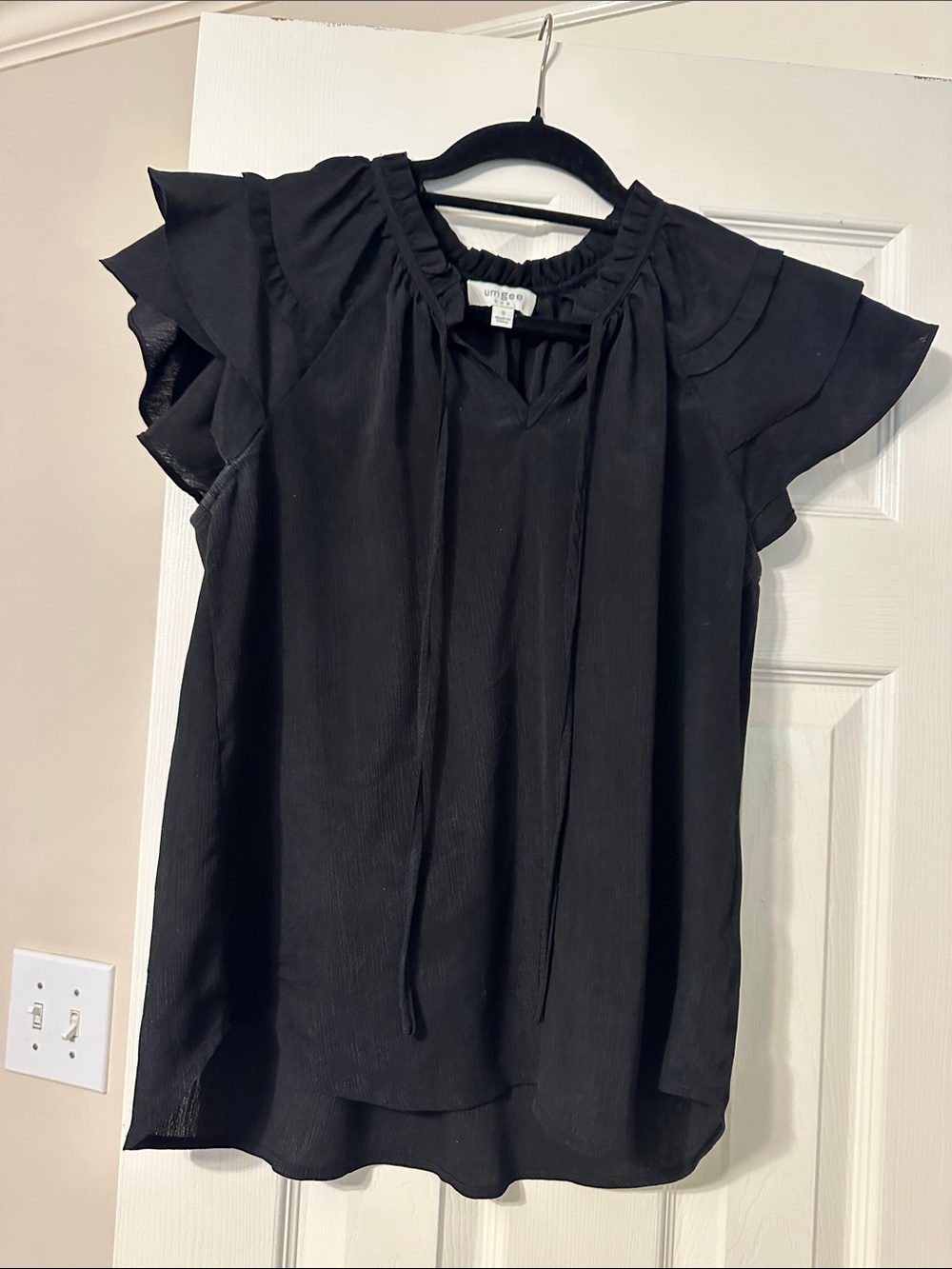 Umgee Black Ruffle Sleeve Tie-Neck Blouse